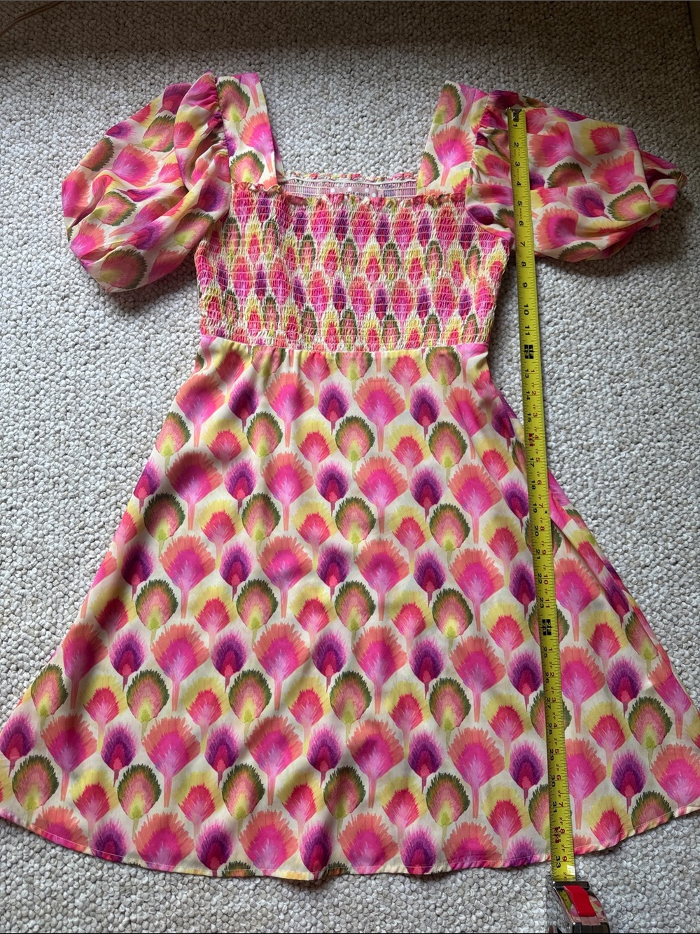 Traffic People Pink & Green Patterned Puff-Sleeve Mini Dress Size S